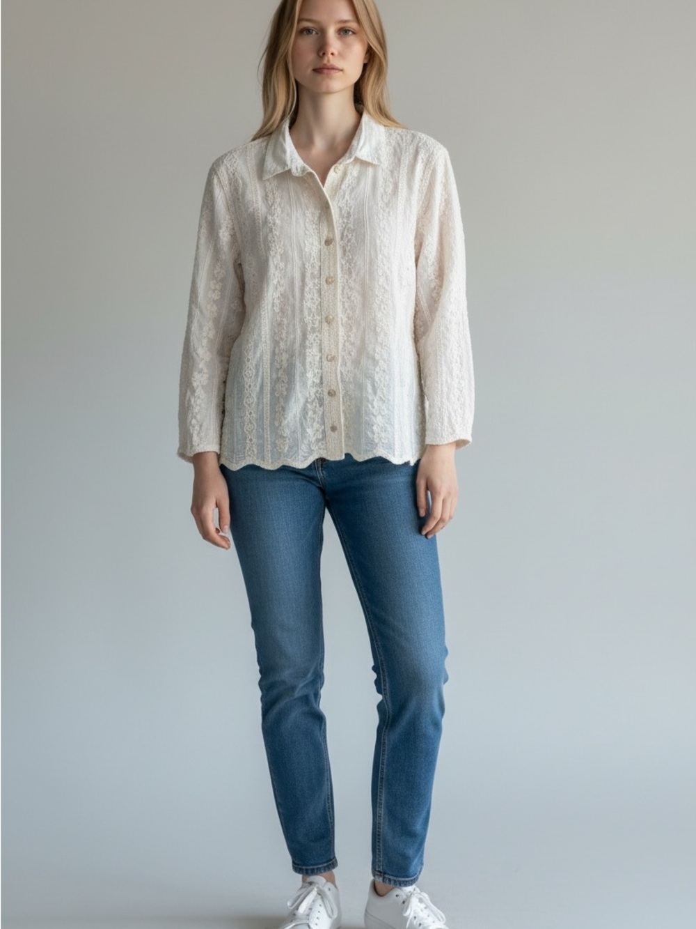 Adiva Women's Ivory Lace Button-Front Shirt - Elegant Casual Top